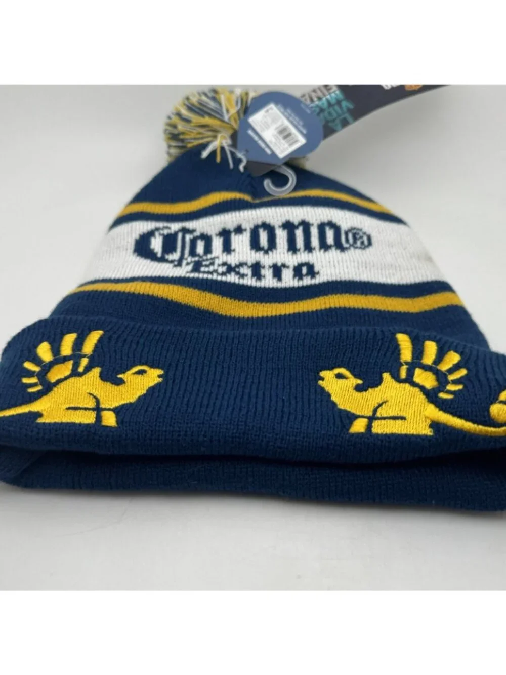 Corona Extra Beanie Hat Pom Pom Knit Winter Cap Blue Yellow White One Size New